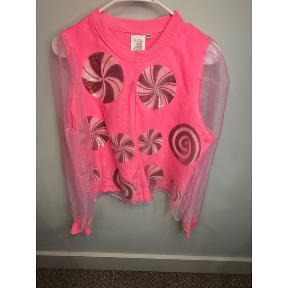 Queen of Sparkles Pink Candy Print Sequin Long Sleeve Top XS - Picture 1 of 3